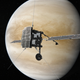 An artist’s imagining of the Solar Orbiter flying by Venus.